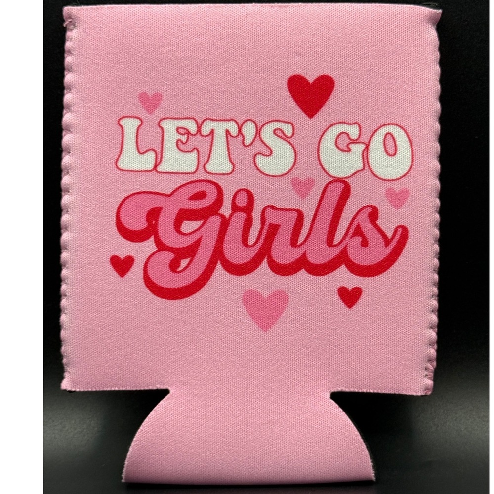 Pink Let's Go Girls hearts can‎ cooler sleeve collapsible drink holder